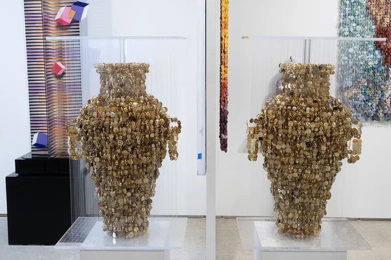 Augusto Esquivel, Golden Vase I and II, 2024, 40H x 24W x 18D Inches each. Shank and Sewing Buttons, Mono Filament and Acrylic