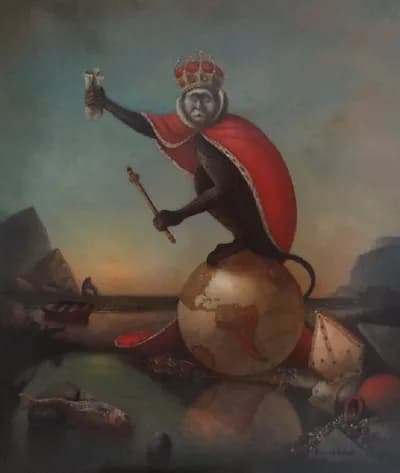 Raymundo Andrade, a painting of a crowned monkey on a globe above a red landscape