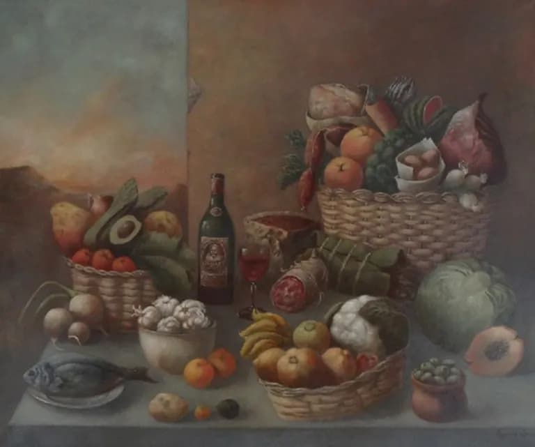 Raymundo Andrade, a still life of fruit, vegetables and baskets on a table