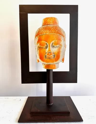 Marlene Rose, Framed Orange Buddha, cast glass and steel