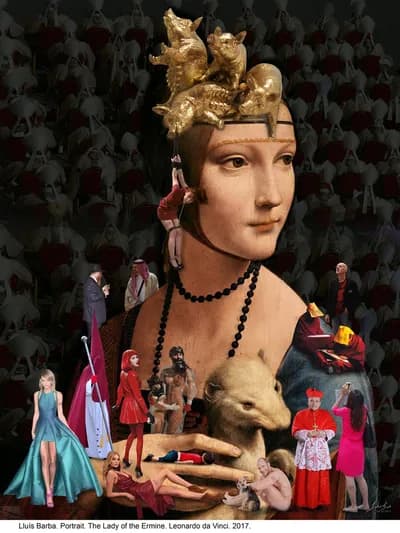Lluis Barba, Lady with a Ferret, Leonardo da Vinci, 2022 , Photograph on Backlit Fabric, 52 x 67 In