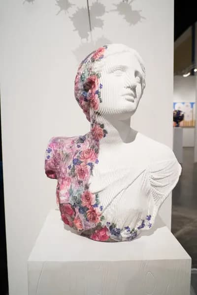 Daniele Fortuna, Bust with Flowers, Cut Wood, Hand Painted, 28H x 22W x 12D in