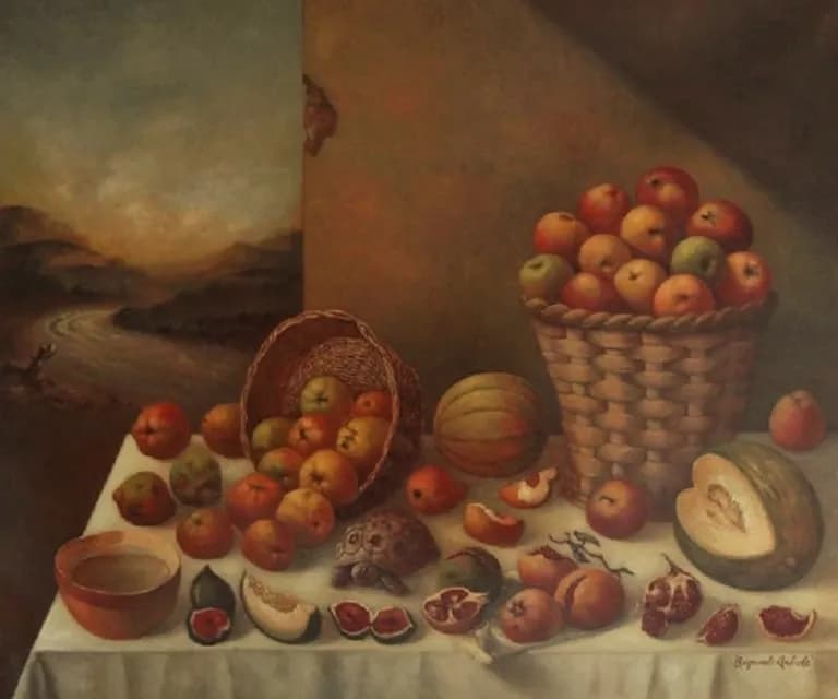Raymundo Andrade, a still life of apples, melon and cherries on a white cloth