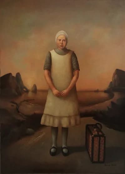 Raymundo Andrade, a painting of a woman in a pale dress beside a suitcase