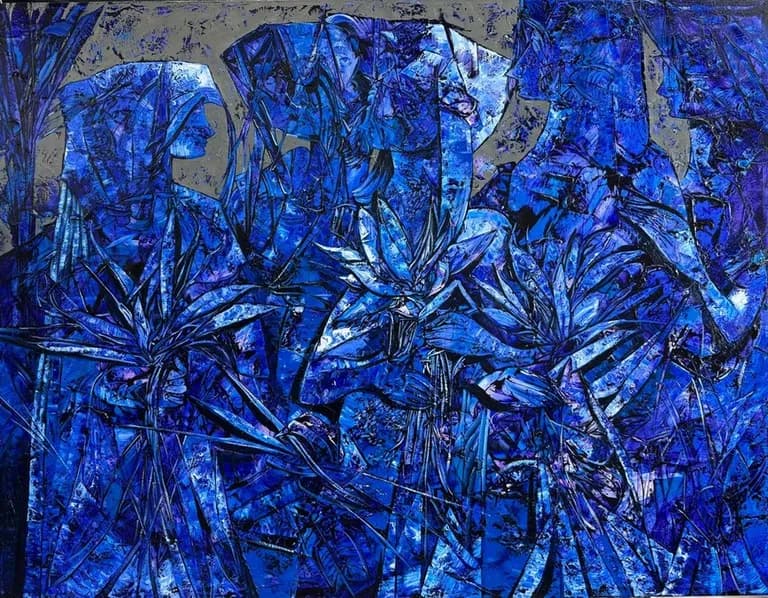 Fredy Villamil, Ethereal Love in Blue, 2024, oil on canvas, 60 by 78 inches