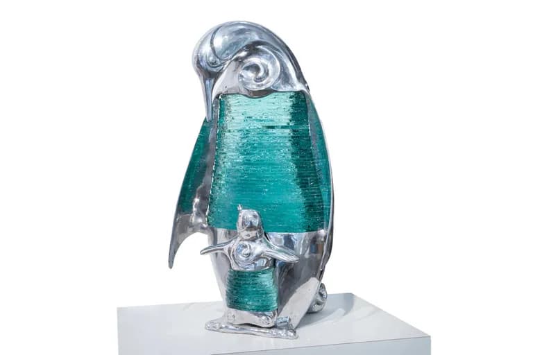 Apostol, Penguin and Child, Crystal & Aluminum, 15 x 8 x 5 In