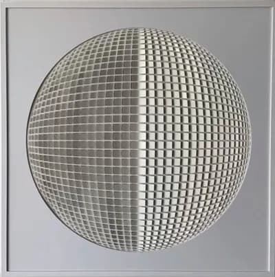 Ben Abounassif, Geometric Movements, a grey relief sphere on a panel