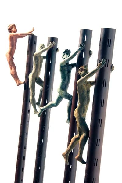 Rosa Segura, Escapades, bronze on an iron base, figures climbing poles