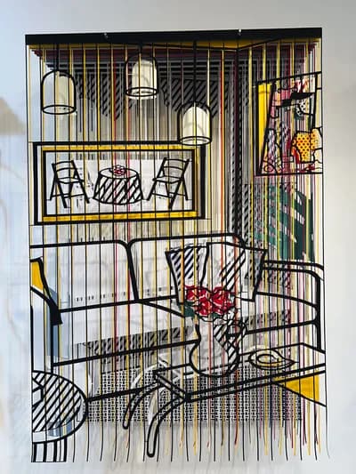 Javier Guadalupe, Interior with Hanging Lamps Tribute to Roy Lichtenstein, Textile Collage, 51 × 36 × 13 In