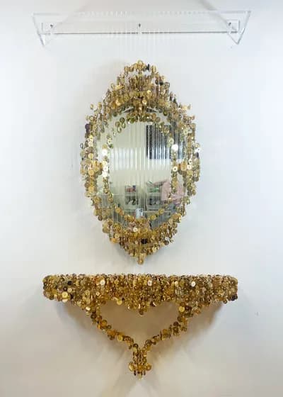 Augusto Esquivel, Heart Vanity, 2025, Shank and Sewing Buttons, Mono Filament and Acrylic, 65H x 36W x 6 1/2D In