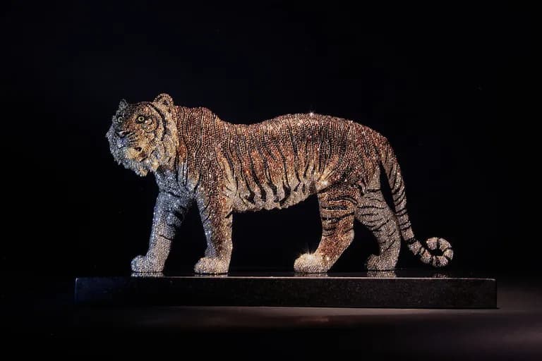 Clarita Brinkerhoff, "Royal Bengal Tiger”, 31,130 pieces of Swarovski Stellux crystals Cast, Polished, Plated. 7H x 16Wx 3D In