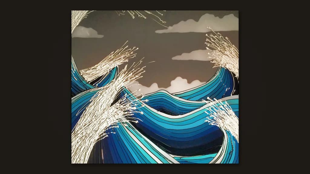 A wave painting by Enrique Machado shown at Spectrum Miami in 2014: blue resin swells outlined in black, white silicone spray at the crests.