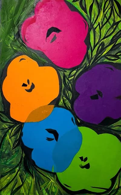 Nancy Iannitelli, Ode to Andy, 2024, acrylic and fabric on canvas, 30 x 48 in