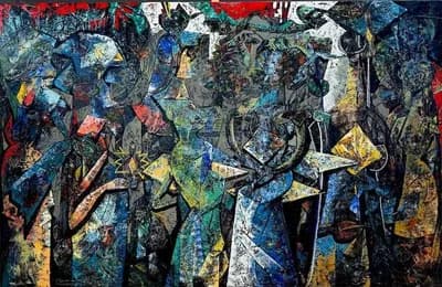 Fredy Villamil, Cubist Living Room, 2024, Oil on Canvas, 90 x 140 In