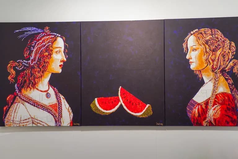 Havi Schanz, Watermelons Tryptic, 2024, Mixed Media on Architectural Blue Print 144W x 60H In