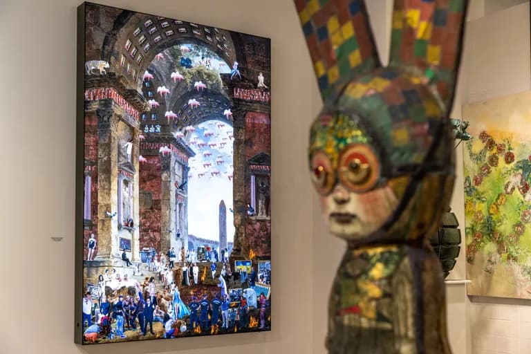 Work by Mariana Monteagudo hung and standing in a room