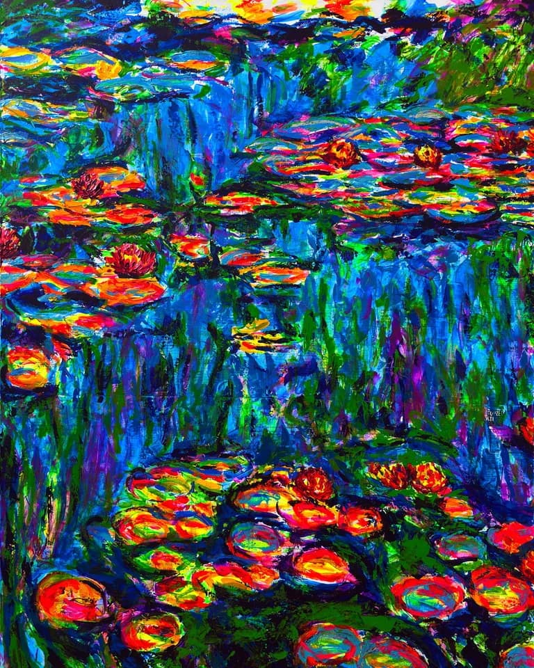 Havi Schanz, Monet Lilies I, 2025, Mixed Media on Blueprint, 48 x 60 In