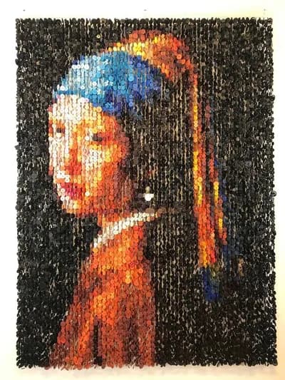 Augusto Esquivel, Girl With the Button Earing, 2019, Shank and Sewing Buttons, Mono-Filament and Acrylic, 50W x 70H In