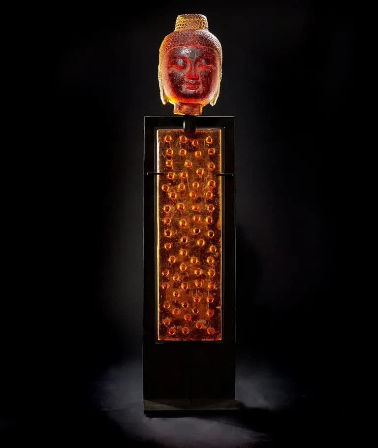 Marlene Rose, Amber Dowel Buddha, sandcast glass, 48 by 12 by 8 inches