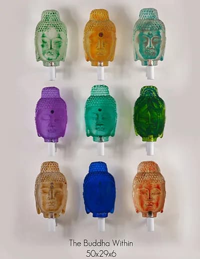Marlene Rose, Buddhas Installation 2025, Sandcast Glass & Metal, 96H x 40W In. EACH Buddha 11H x 7W x 4D In