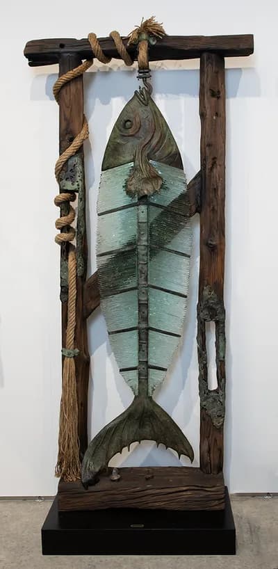 Apostol, Angler’s Pride, Led Light, Bronze, Wood, Fiber and Hand Cut Glass, 83 x 30 x 16 In