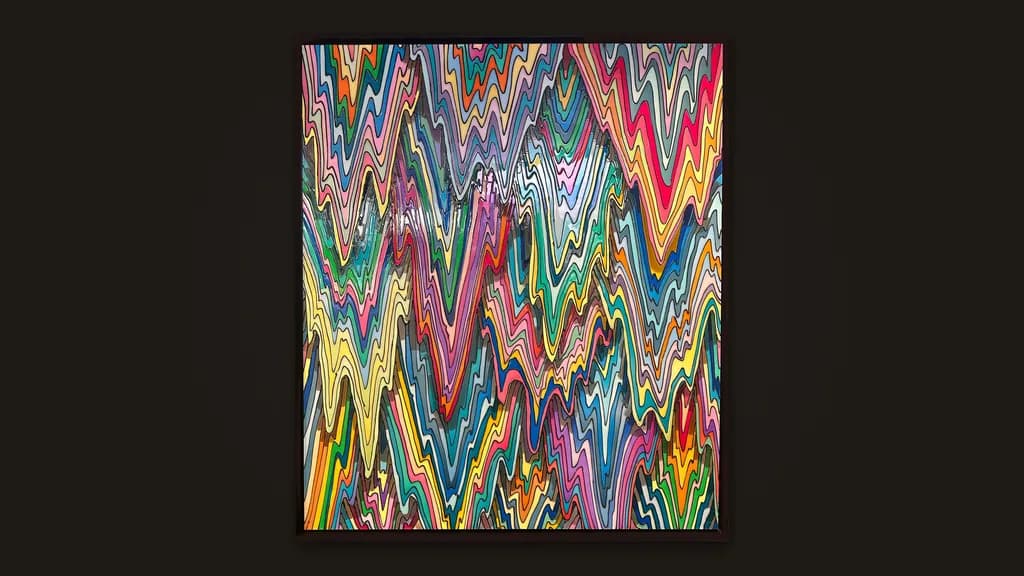 Enrique Machado, Color Drip #3, 2023: bands of bright resin colour, each edged in black, rising and falling in zigzags.