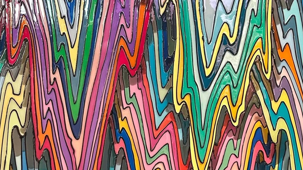 Color Drip #3, detail: zigzag bands of pink, yellow, green, blue and violet resin outlined in black silicone.