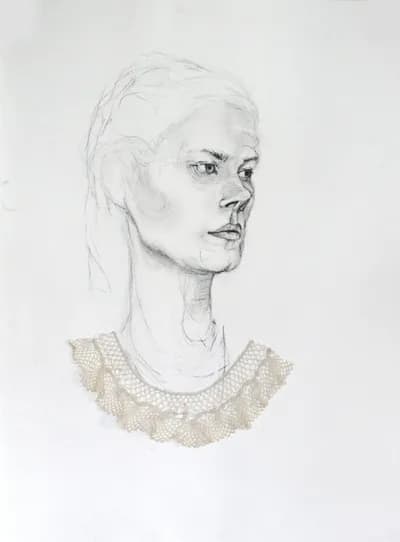 Patricia Schnall Gutierrez, Trobairitz Poet I, 2015, charcoal and fabric on paper