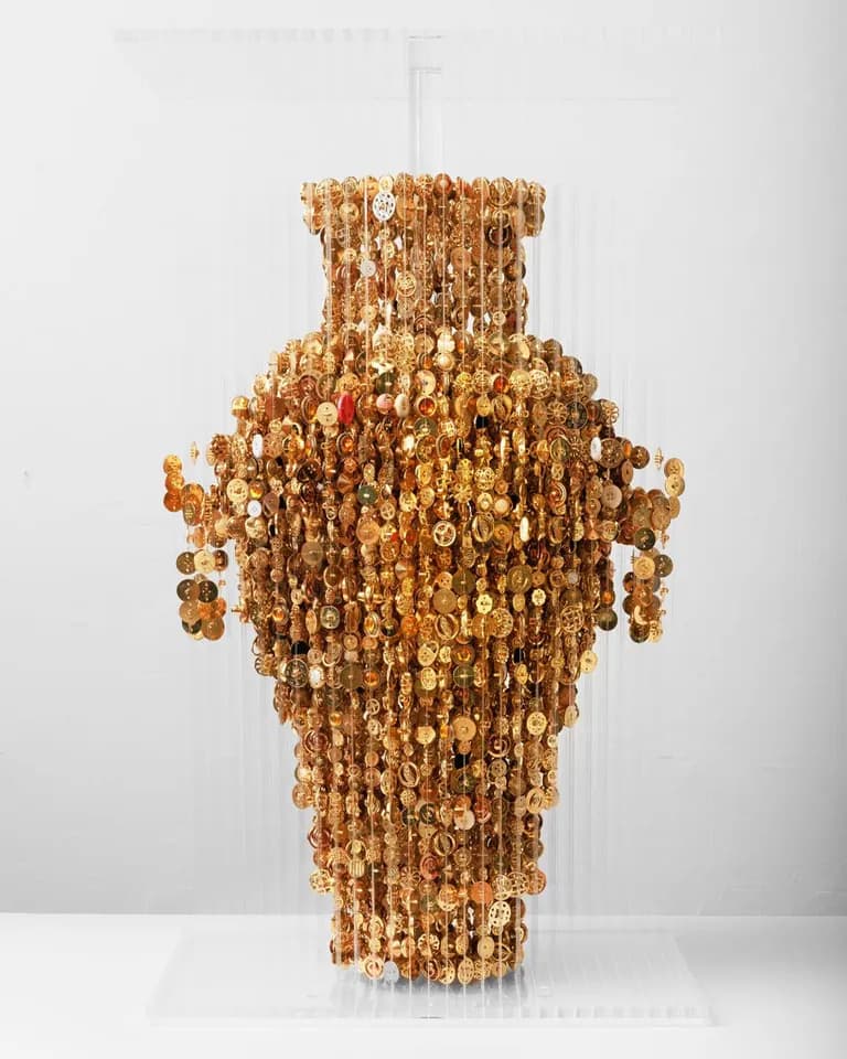 Augusto Esquivel, Golden Vase III, 2025, Shank and Sewing Buttons,Mono Filament and Acrylic. 40H x 24W x 18D In