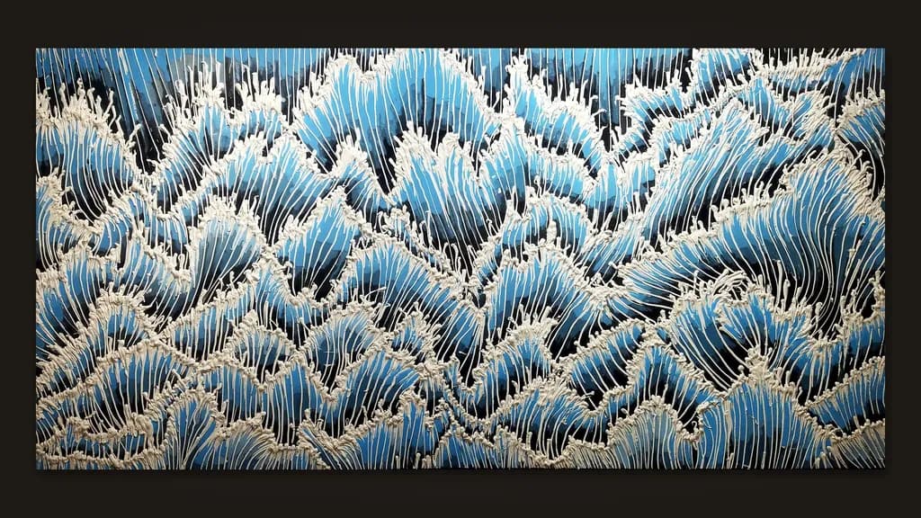 Enrique Machado, Blue Chaos, 2017: rows of breaking peaks in blue resin strings capped with white silicone foam.