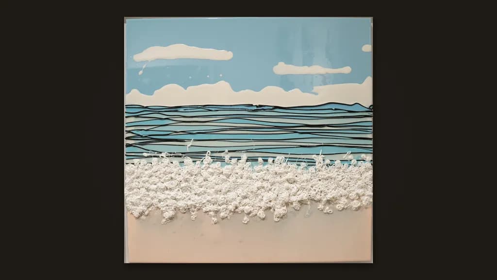 Enrique Machado, Clouds, 2021: a resin sky with silicone clouds, a sea of black silicone lines and a shore of white silicone foam.