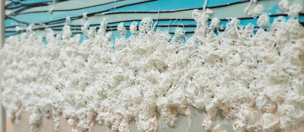 Clouds, detail: coils and loops of white silicone foam standing off the panel.