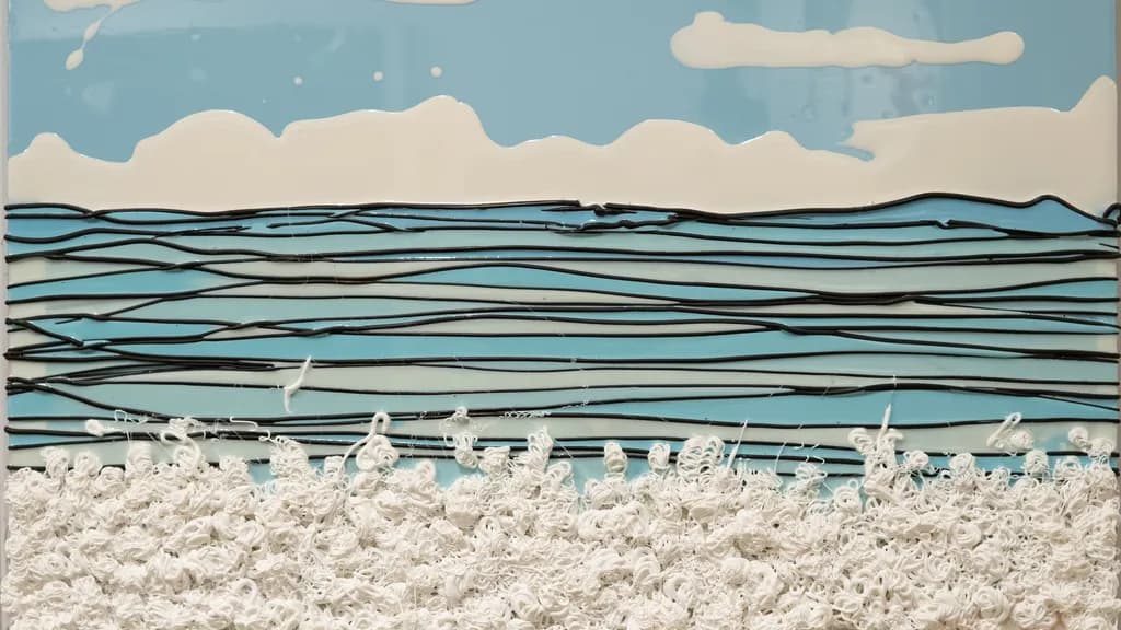 Clouds, detail: black silicone lines laid across bands of blue resin above the white foam.