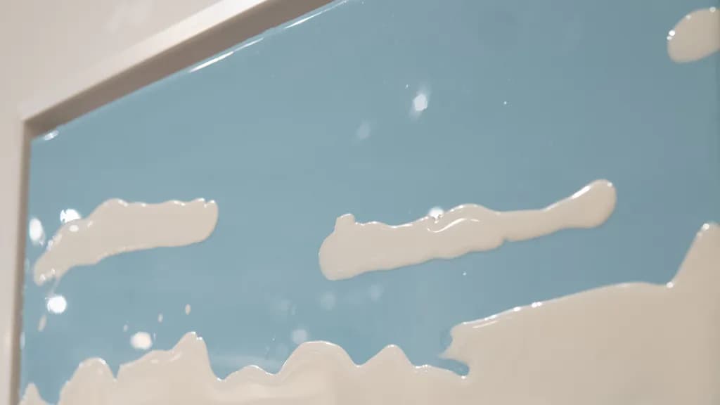 Clouds, close up at an angle: glossy poured resin sky with soft ridges of white silicone cloud.