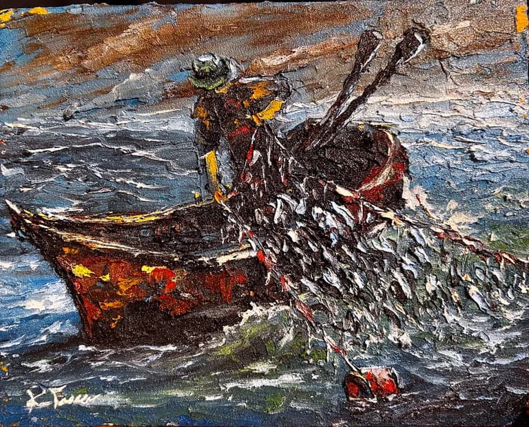 Ken Fraser, Man on Boat, Oil on Board, 10H x 8W