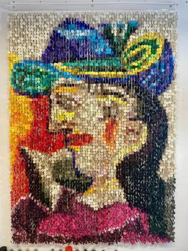 Augusto Esquivel, Woman with a Blue Hat, 2022, Sewing Buttons, Monofilament and Acrylic, 70H x 50W x 3D in
