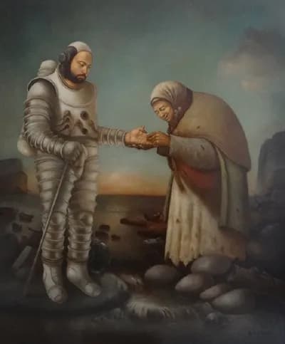 Raymundo Andrade, a painting of two figures in ragged costume exchanging something