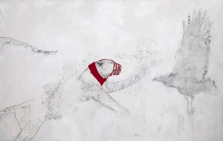 Lorna Marsh, Predators, 2019, Acrylic and Graphite on Canvas, 72 x 114 In.