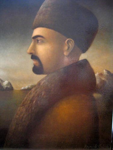 Raymundo Andrade, a painted portrait of a moustached man in a fur hat, in profile