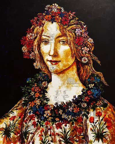 Havi Schanz, Spring Botticelli, 2024, Mixed Media on Blueprint, 48 x 60 In