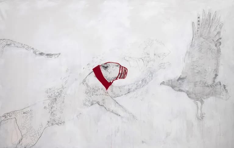 Lorna Marsh, Predators, 2019 (Cage Series), Acrylic and Graphite on Canvas, 72 x 114 In