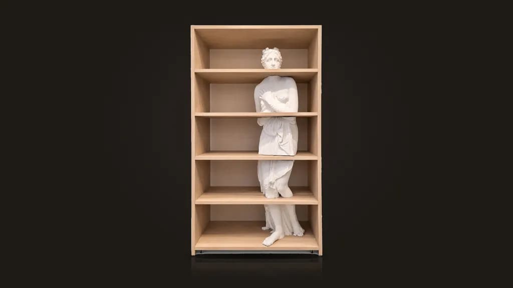 Daniele Fortuna, Aphrodite Venus: a white layered wooden Venus set in sections into the shelves of a tall bookcase, on a dark stage