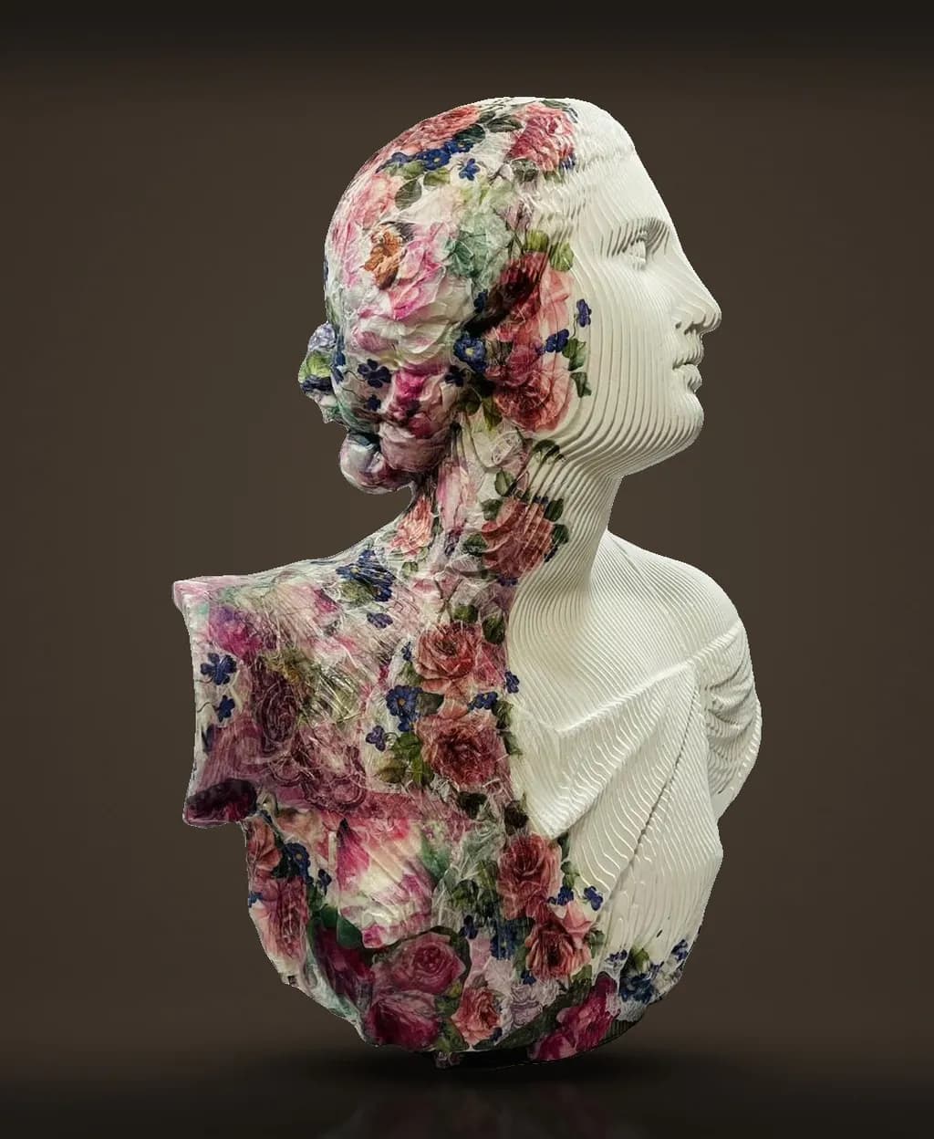 Daniele Fortuna, Bust with Flowers, from the side: flowers climb from the shoulder into the hair