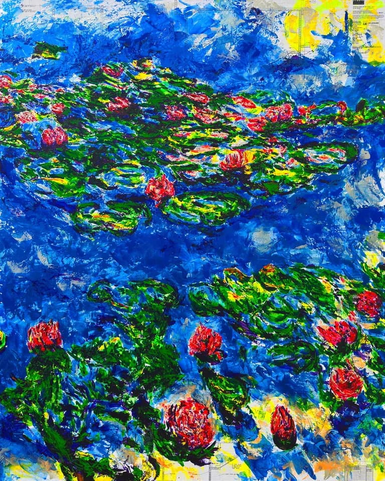 Havi Schanz, Monet Lilies III, 2025, Mixed Media on Blueprint, 48 x 60 In