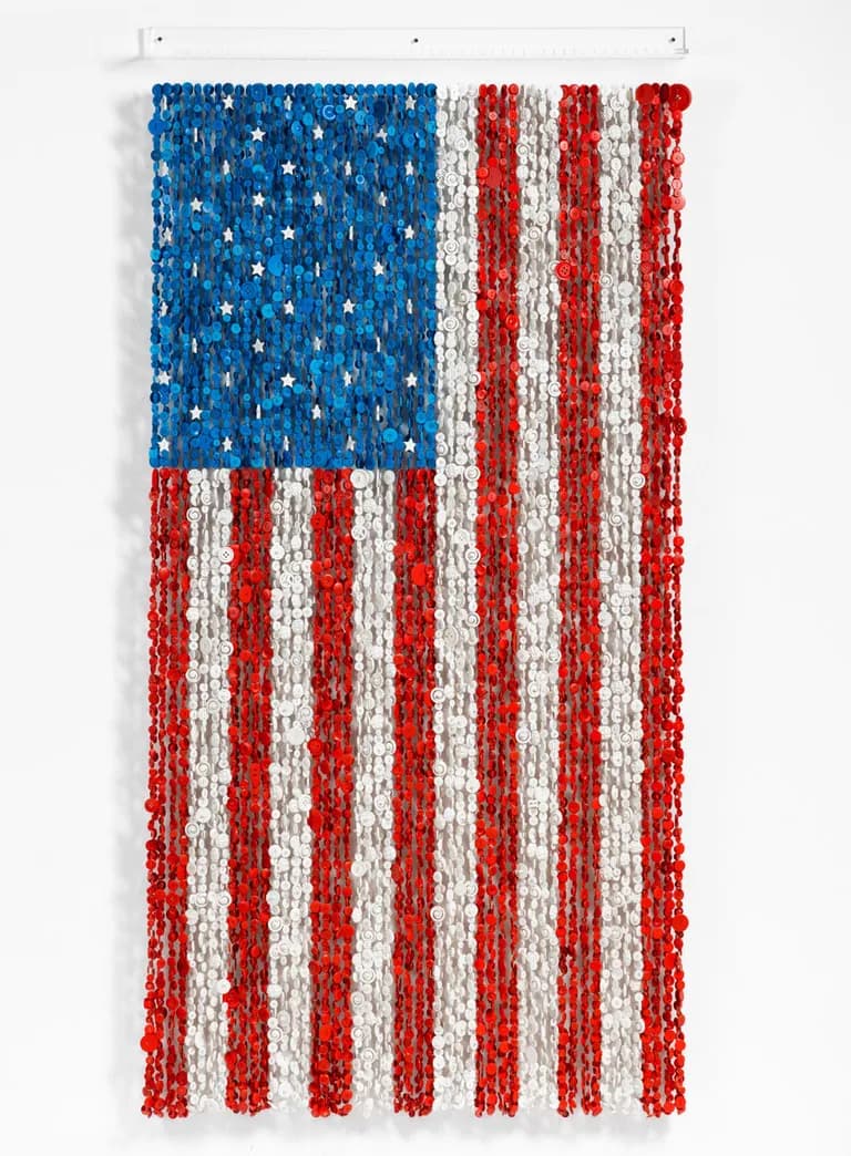 Augusto Esquivel, American Flag II, 2022, 82H x 41W x 2D inches., Sewing Buttons, Monofilament and Acrylic