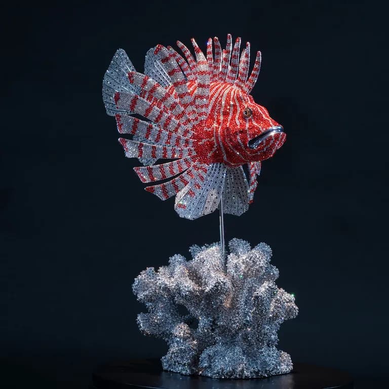 Clarita Brinkerhoff, Lionfish, 45,152 Swarovski Stellux Crystals, Cast, Polished, Plated on Marble Base, 18H x 14W x 11D In