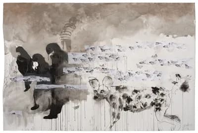 A grey wash landscape by Lorna Marsh with dark birds at the left, a spotted animal at the right and a herd receding into the distance