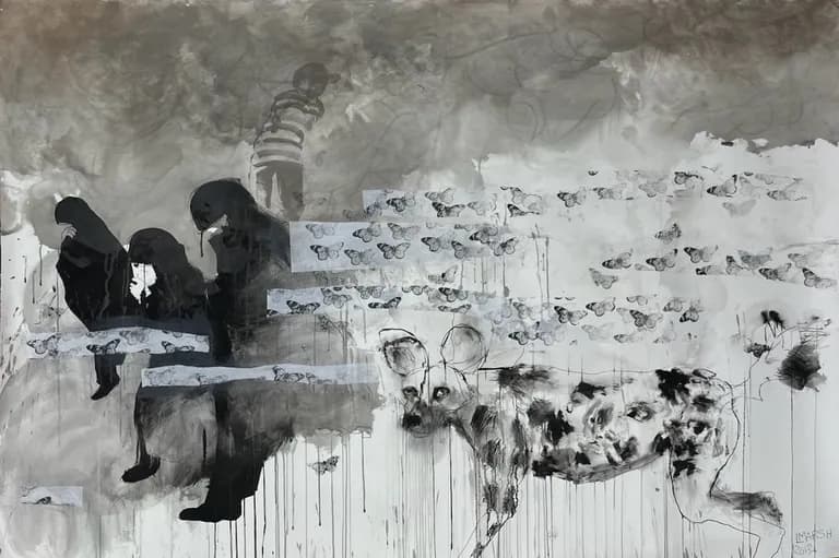 Lorna Marsh, Wild Dog with People, 2013, Mixed Media on Paper, 79 x 52 3/4 In