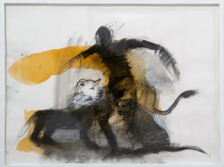 Lorna Marsh, Lionesses with Man, 2006, Mixed Media on Paper, 24 x 31 In