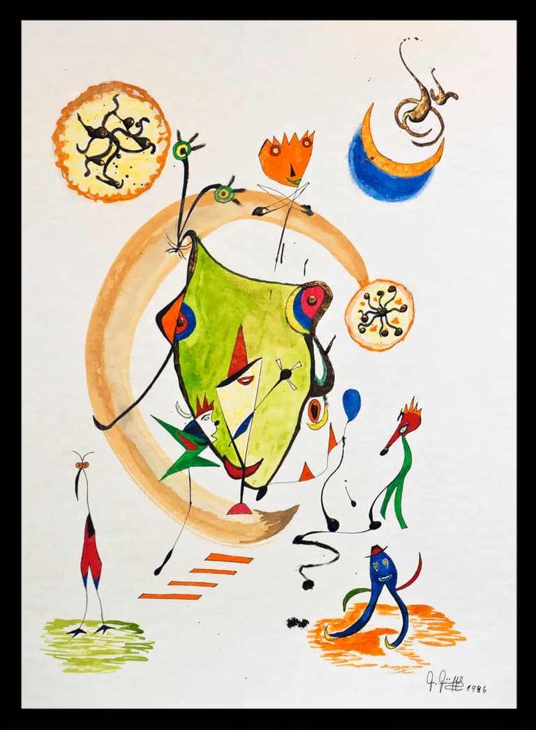 A figure with a green mask among circles and symbols, painted by Karl Kueffel